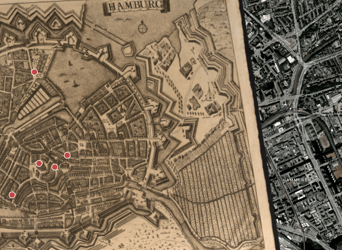 Mit der Hidden Cities-App ist es möglich, eine Zeitreise in das florierende Hamburg des 17. Jahrhunderts zu unternehmen. Screenshot: Mapbox/Open Street Map, www.hiddencities.eu/hamburg