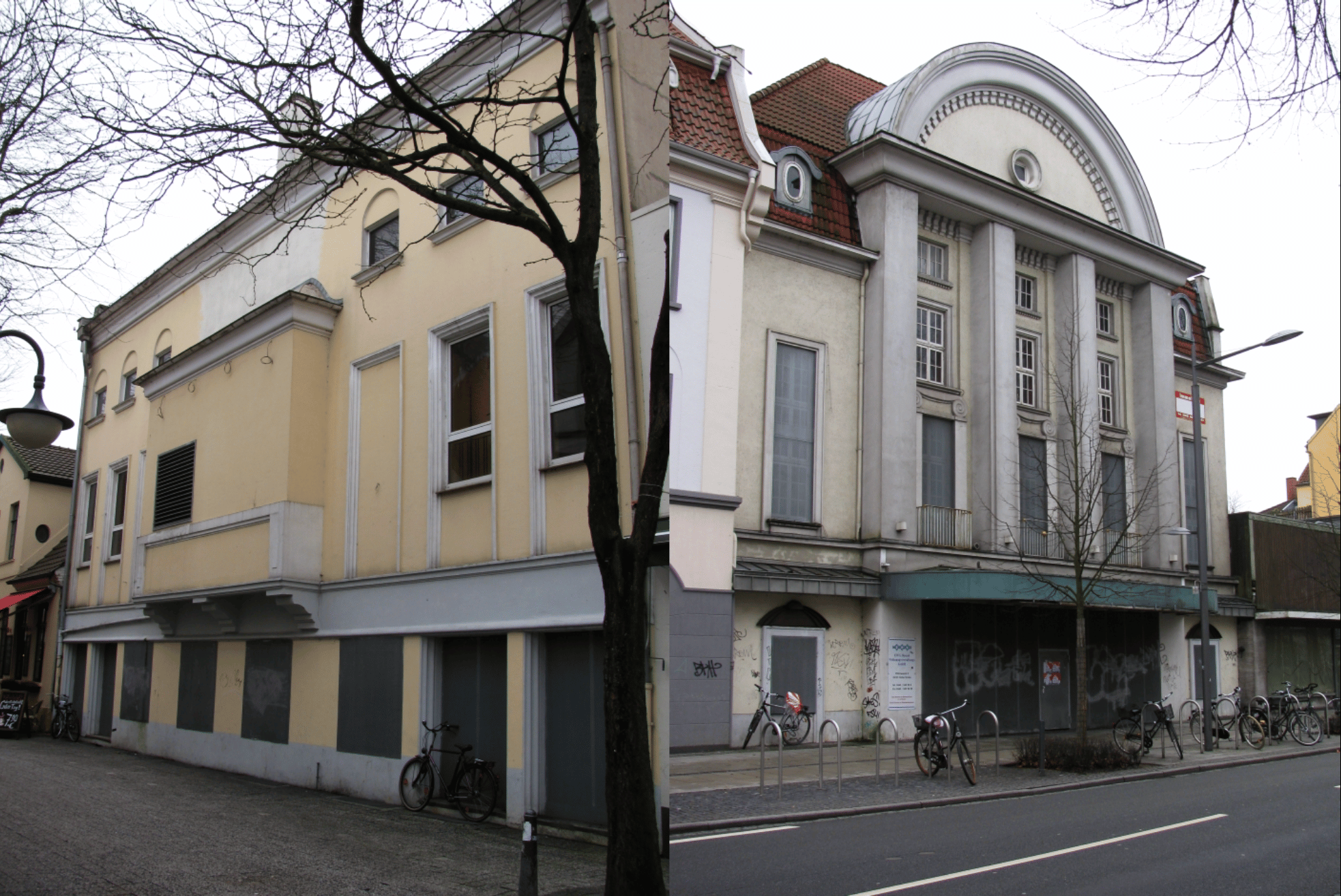 Das ehemalige "Wallkino" in Oldenburg: links die Rückseite (zur Wallstraße) und rechts die Vorderseite (zum Heiligengeistwall. Foto: Wikimedia Commons / 2012