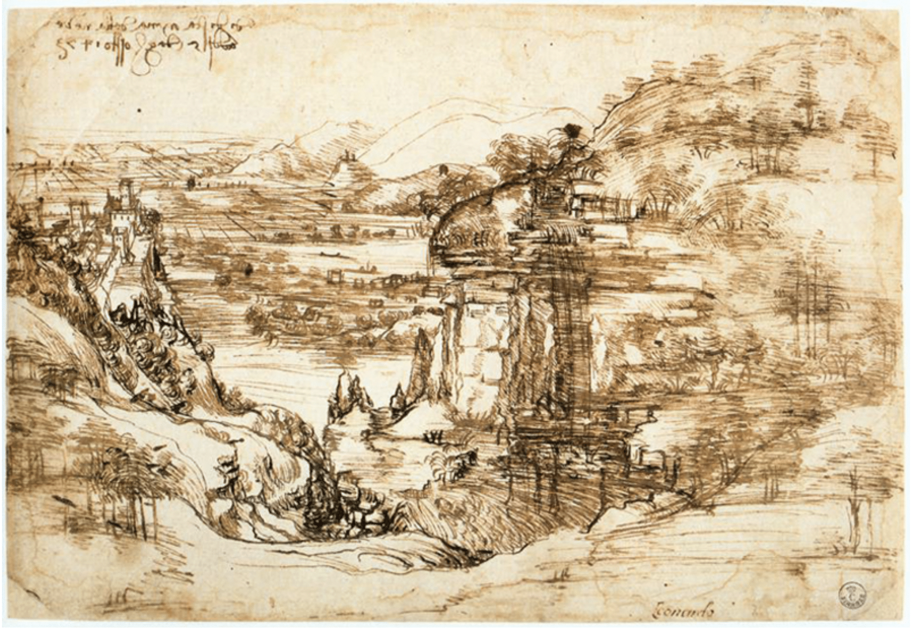 Leonardos da Vincis berühmte Federzeichnung „Landschaft 8P“ ist das erste, sicher datierbare Werk des großen Renaissance-Künstlers. Foto: Wikimedia Commons / Tiago Vasconcelos / Uffizien, Florenz