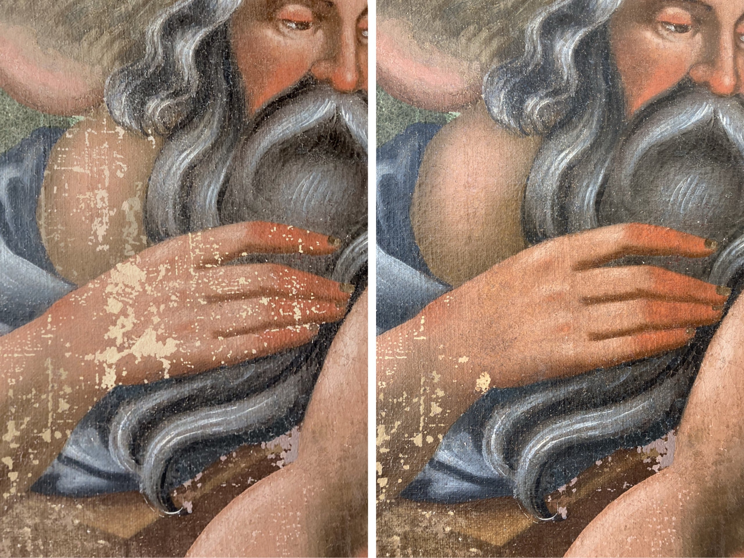 Detail vor und nach der Retusche des Ölgemäldes. ©Institut für Konservierung und Restaurierung, Universität für angewandte Kunst Wien / Khakhanang Jonganurak