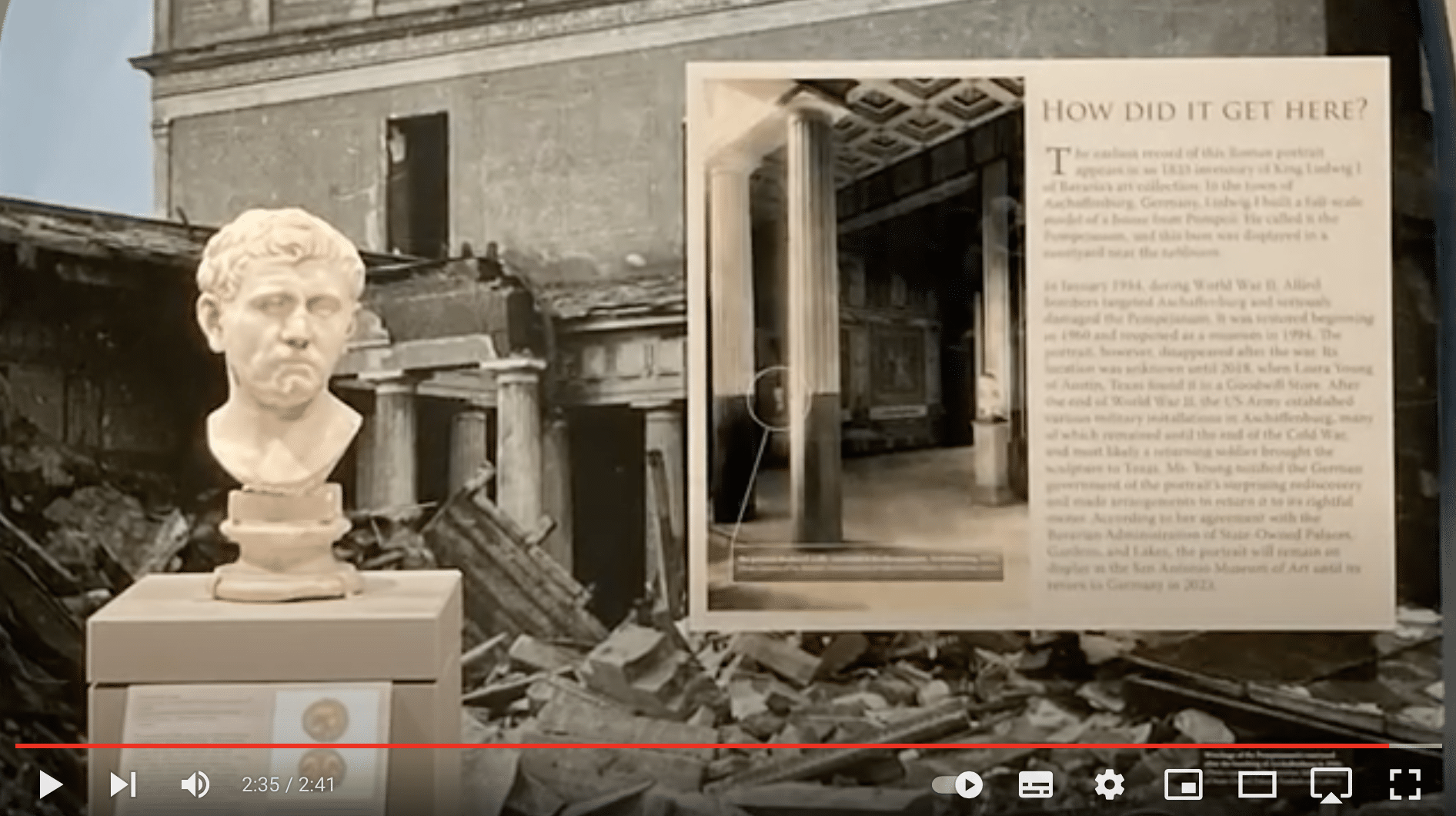 2018 tauchte eine verschollene römische Marmorbüste in den USA auf. Jetzt kehrte sie an ihren ehemaligen Standort ins Pompejanum nach Aschaffenburg zurück. Foto: www.youtube/Mainecho