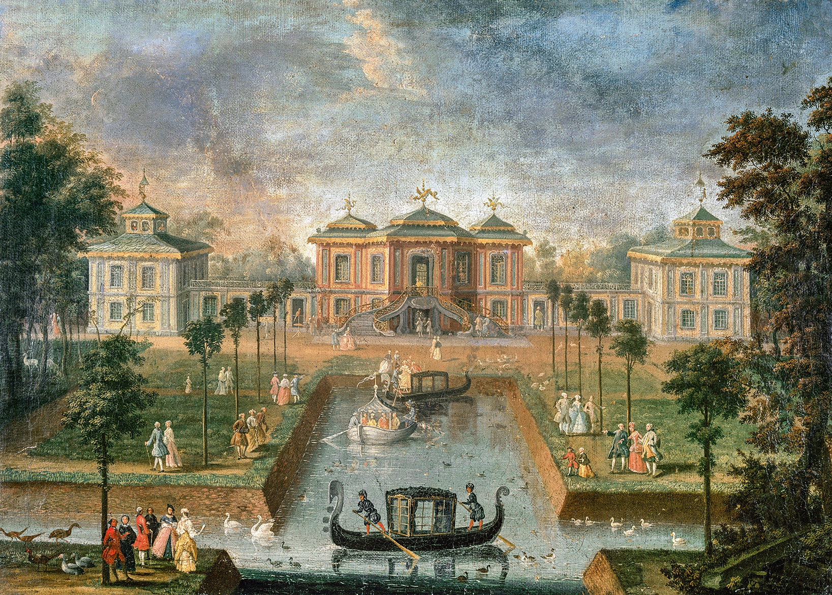 Das Indianische Haus von Osten mit dem Kanal und den Außenanlagen, Gemälde von François Rousseau, um 1760. Schloss Augustusburg, Brühl. Foto: Klaus Lieben